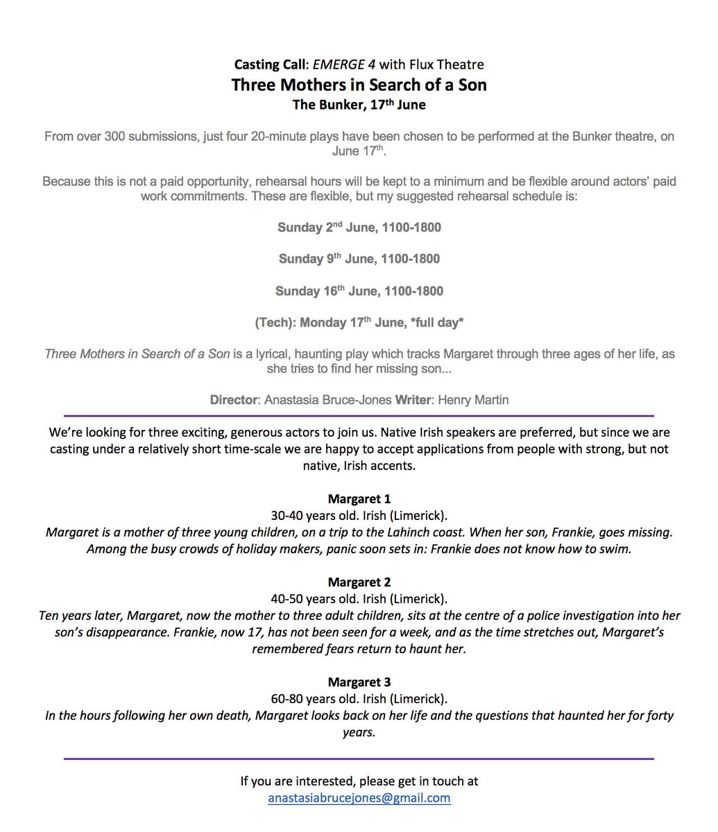 AnastasiaB_J's tweet photo. ***CASTING CALL*** 

Looking for three wonderful, Irish women to help me put @henrymartinHM's gorgeous script on its feet. Every role in this play is an absolute gem; lyrical monologues about motherhood, uncertainty, pain, loss, and strength.

Please share and tag!
@flux_theatre https://t.co/kHnDMaKJqD