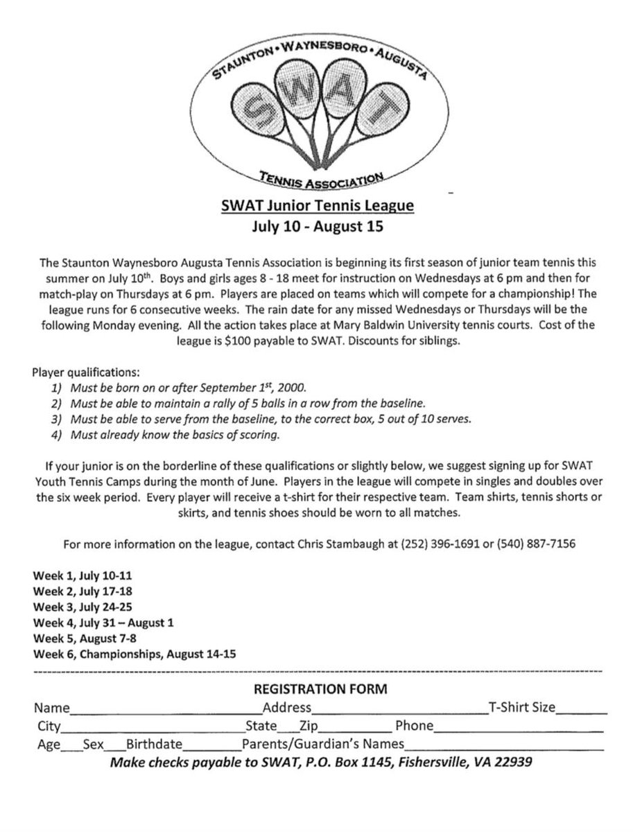 swattennis's tweet photo. We are excited to add the SWAT Junior Tennis League this year beginning on July 10! Boys &amp; girls ages 8-18 meet for instruction on Wed @ 6pm &amp; for match-play on Thurs @ 6pm. Players are placed on teams which compete for a championship! The league runs for 6 consecutive weeks. https://t.co/wkIRIFYEic