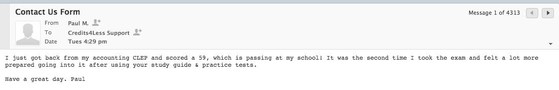 Creditsforless's tweet image. Keep up the good work Paul, congrats on passing your accounting #CLEP exam.