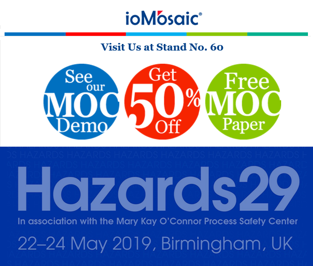 ioMosaic's tweet photo. Visit #ioMosaic at #Hazards29 stand no. 60 and see how our Management of Change (MOC) Workflow simplifies compliance, get 50% off #PHATraining and get our MOC #whitepaper Management of Change or Change of Management? https://t.co/Qut8l8T0Uy https://t.co/8FJ5eeDBRr