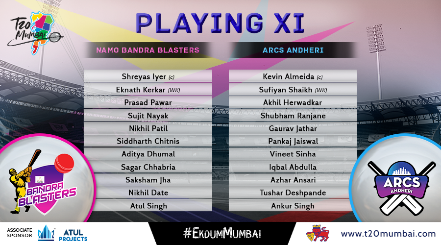 T20 Mumbai (@t20mumbai) on Twitter photo .<a href="/ArcsAndheri/">ARCSAndheri</a> make one change to their team from last night while <a href="/BandraBlasters/">Namo Bandra Blasters</a> field big guns Shreyas Iyer and Sujit Nayak! ๐ฅ
Here are the playing XI for both teams ๐๐ฝ
#EkdumMumbai .<a href="/ArcsAndheri/">ARCSAndheri</a> make one change to their team from last night while <a href="/BandraBlasters/">Namo Bandra Blasters</a> field big guns Shreyas Iyer and Sujit Nayak! ๐ฅ
Here are the playing XI for both teams ๐๐ฝ
#EkdumMumbai