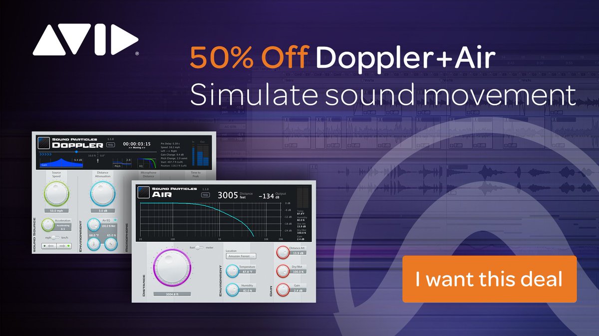 AvidProTools's tweet photo. Turn your mix into an incredibly immersive sonic experience — Get 50% off @soundparticles Doppler+Air plugin
⠀
▶️ https://t.co/NJAMFvhYCc
⠀
#plugin #soundemulation #specialoffer #dopplerair #protools #sounddesign #audiopost https://t.co/eM1vp2tqs4