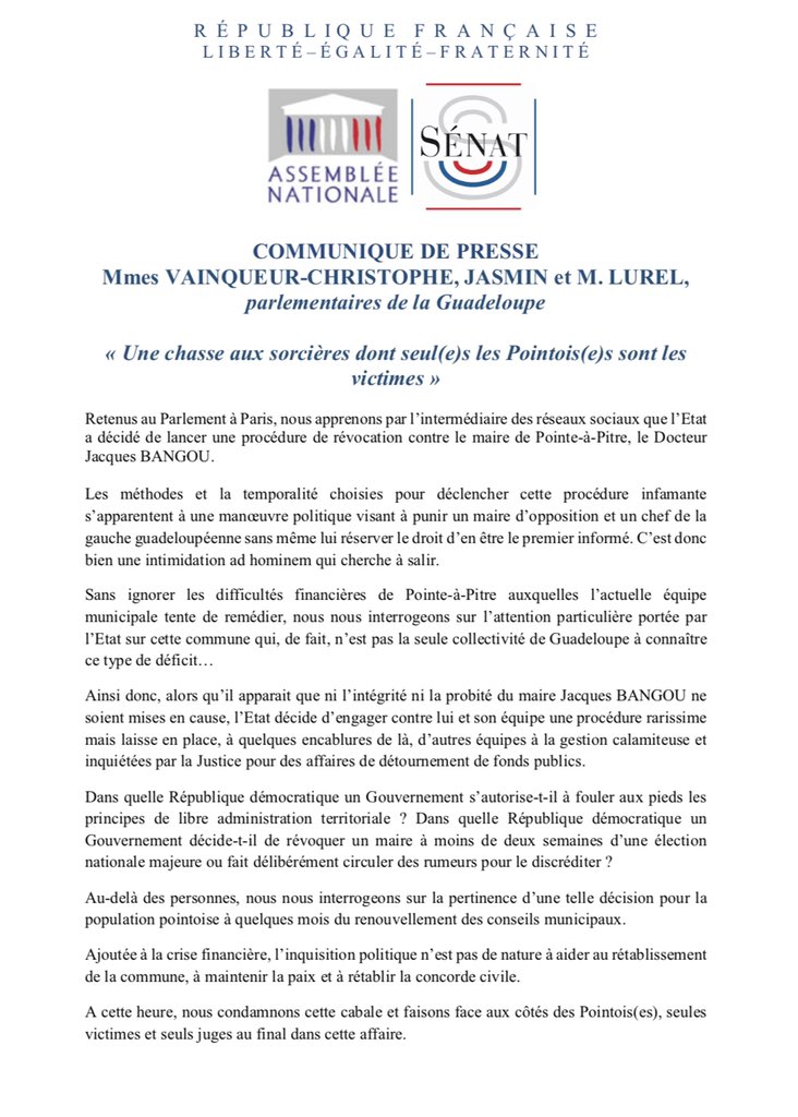 SenatriceJasmin's tweet image. Avec mes collègues @HVainqueur et @VictorinLurel, nous dénonçons une manœuvre politique dont la temporalité choisie cherche à salir le Maire de @VILLEPAP. Les Pointois en sont les victimes directes. #LibreAdministration