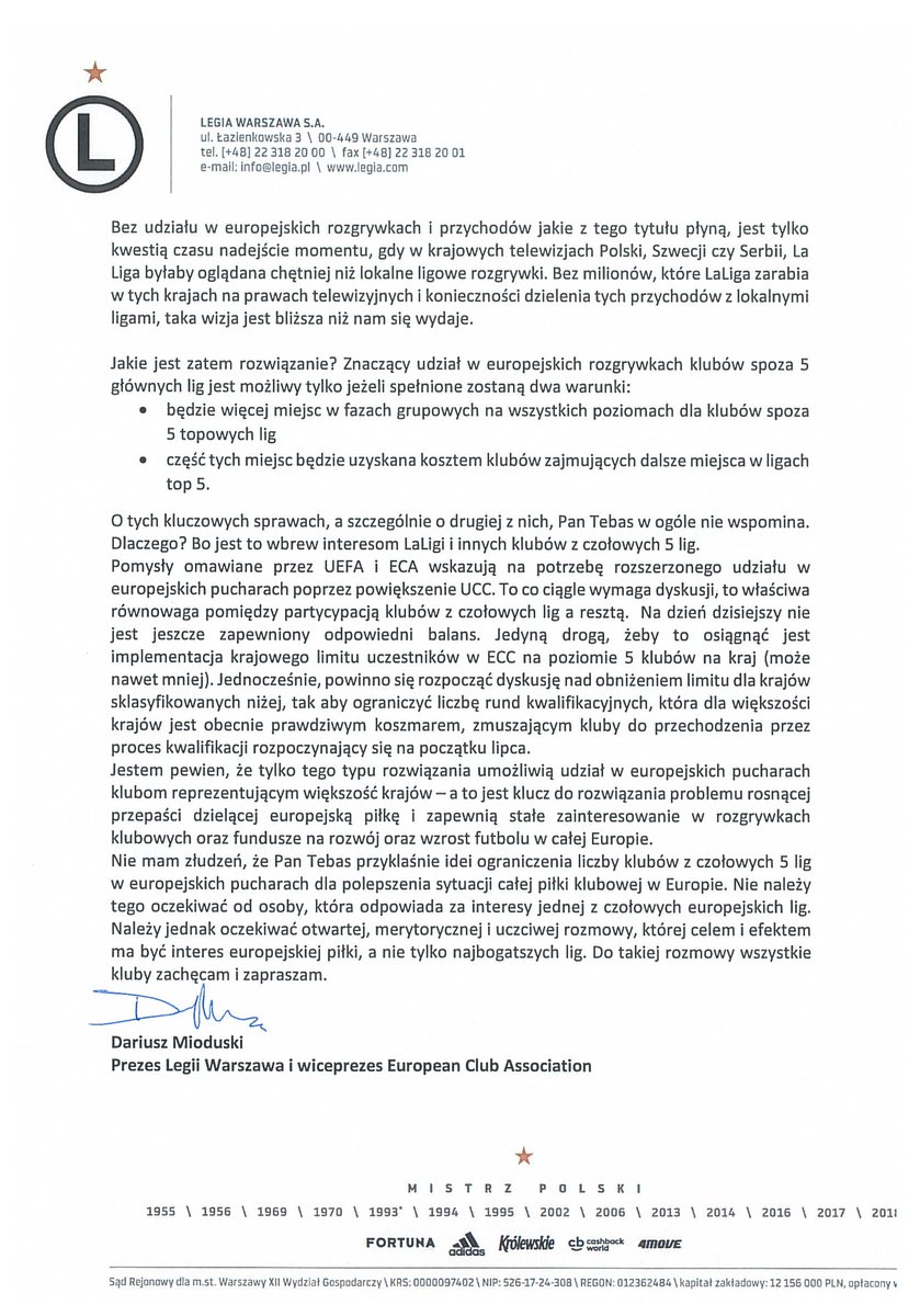W związku z toczącą się dyskusją na temat przyszłości europejskich rozgrywek i stanowiskiem prezentowanym przez Prezesa LaLiga <a href="/Tebasjavier/">Javier Tebas Medrano</a>, publikuję treść listu otwartego, który jako Prezes <a href="/LegiaWarszawa/">Legia Warszawa 🏆</a> i wiceprezes @ECAEurope adresuję do zarządów klubów i lig europejskich.
