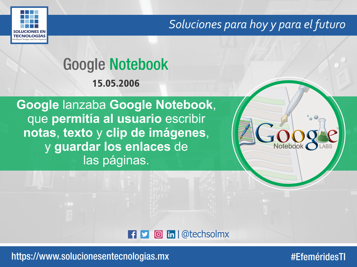 techsolmx's tweet photo. Un día como hoy (15/05/2006): Google lanzaba Google Notebook, que permitía al usuario escribir notas, texto y clip de imágenes, y guardar los enlaces de las páginas. https://t.co/0CrC3wF3xY #EfeméridesTI #Google #GoogleNotebook #Tecnologías #Tecnología #Technologies #Technology https://t.co/TRhbHkZtHU