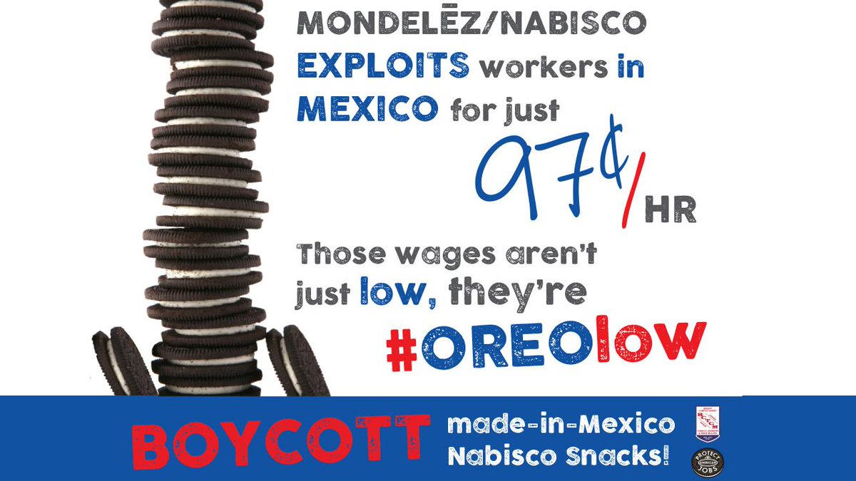AFLCIO's tweet photo. CEO Facts for @MDLZ @Dirkvandeput:
💰In 2018, shareholders rejected your $42M pay
💰You paid #Nabisco workers in Mexico as low as 97 ¢/hr
💰In Chicago, you pay repack workers (majority Latina women) HALF of bakery coworkers.

Those wages aren't just low, they're #OreoLow. #1u https://t.co/sjD7E2Aegy