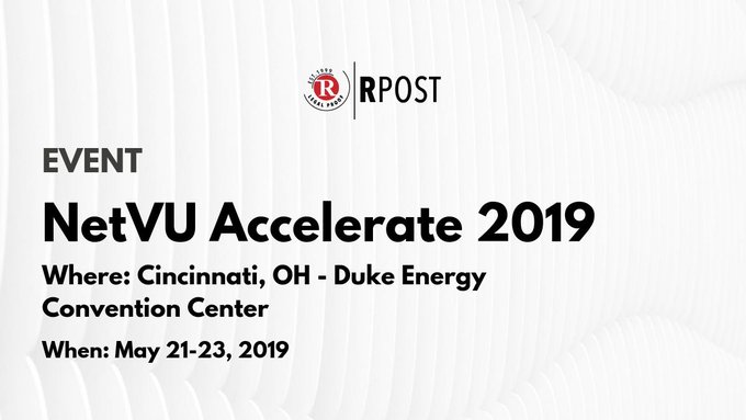 RPost's tweet photo. If you are attending the @NetVU_Now Accelerate 2019 Conference in #Cincinnati, stop by our booth #213 and see how #RMail can help your agency!
-
#NetVU #Accelerate2019 #insurance #emailencryption #compliance #emailsecurity #HIPAA #emailtracking #emailproof #certifiedemail https://t.co/LpUgQebyoi