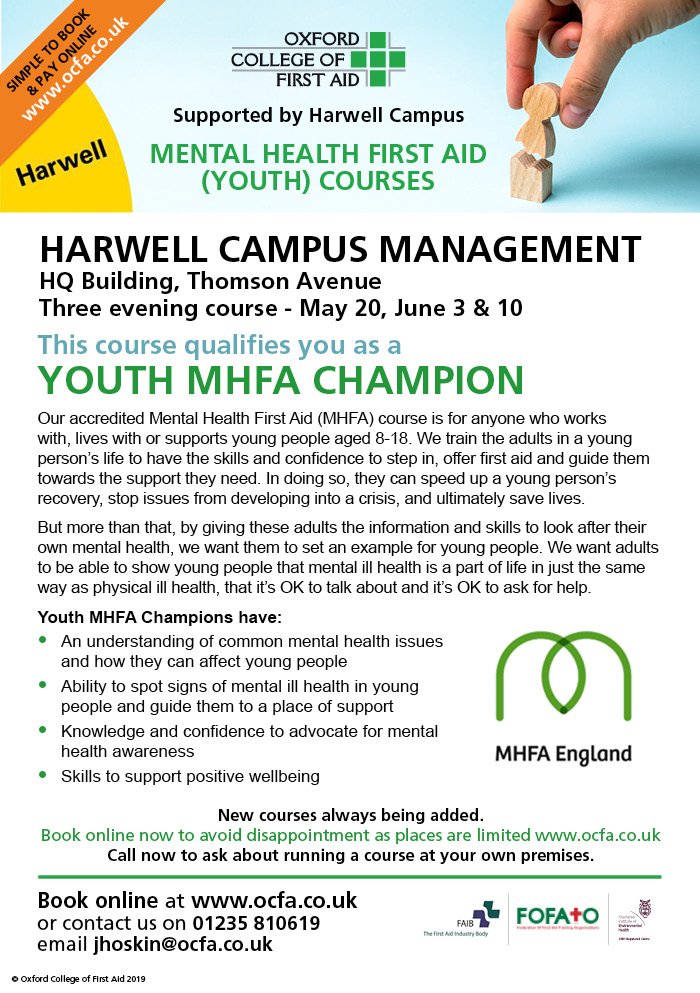 OxColFirstAid's tweet image. Looking forward to running our Mental Health First Aid England (Youth) accredited course at Harwell Campus. Only a few places remaining, book now.
#mentalhealthawarenessweek #zerosuicide #lookafterouryoung
@HarwellCampus @edvaizey @StGabrielsNews @DidcotGirls @StBirinusSchool