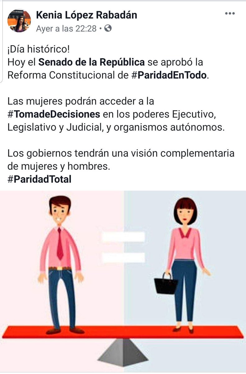 MujeresPoderCom's tweet photo. Hoy el Senado de la República se aprobó la Reforma Constitucional de #ParidadEnTodo.
Las mujeres podrán acceder a la #TomadeDecisiones en los poderes Ejecutivo, Legislativo y Judicial, y organismos autónomos.
#ParidadTotal Iniciativa de la senadora @kenialopezr #Enhorabuena! https://t.co/ziJdSPhS6m
