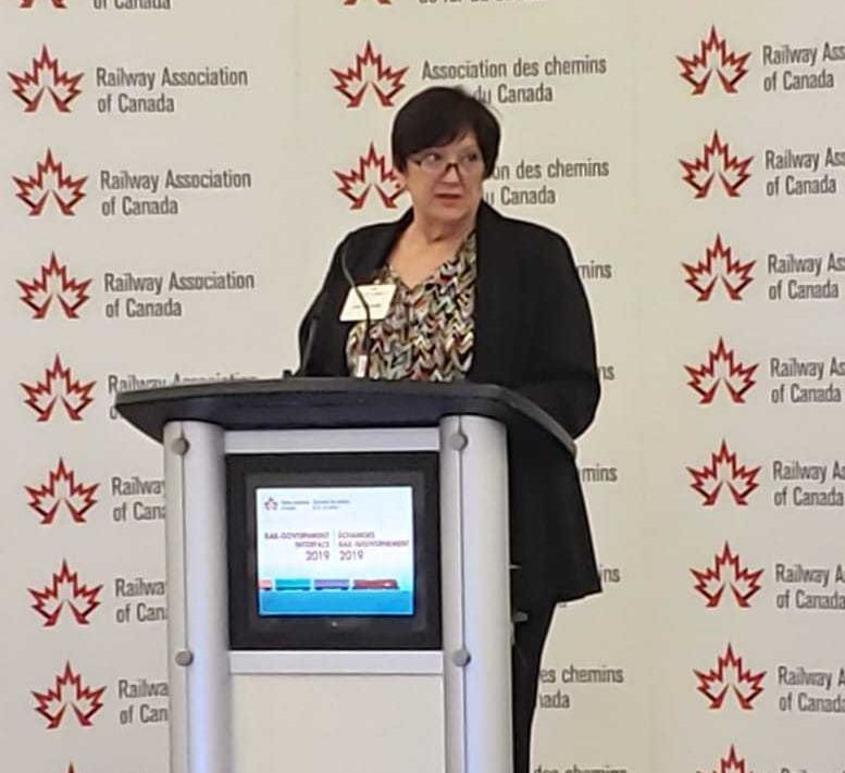 RailCanada's tweet photo. Lisa Stabler, President of Transportation Technology Center Inc., showing #RGI2019 the types of tests they complete to help ensure the North American rail network remains safe. https://t.co/ghSw4z7NAD