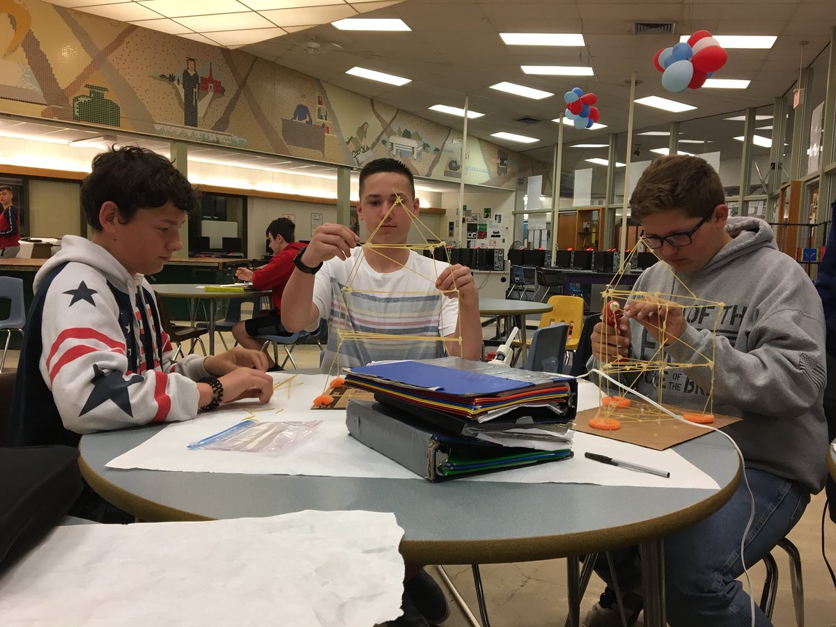 TriwayJH's tweet photo. 8th grade science students are building 4 story skyscrapers using 30 pieces of spaghetti. Structure must survive 15 seconds of a moderate quake, then 15 seconds of a severe quake. Only the strongest survive! #theTriwayDifference https://t.co/PeHGl0uZAQ