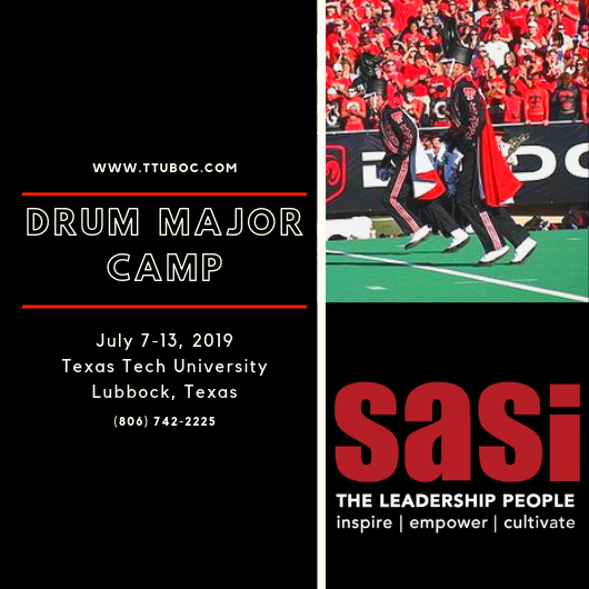 ttuboc's tweet photo. We’re excited to return to our full week Drum Major Camp featuring the Sasi Leadership team and the Texas Tech Drum Majors! Register online at https://t.co/xjVY1lL9Ju to secure your spot now! https://t.co/Q87pAlg5Ul
