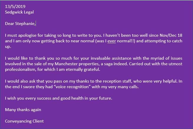 SedgwickLegal's tweet photo. Fantastic client feedback for our #Conveyancing superstar Steph. Also, notable mentions to Oksana and Michelle for their voice recognition powers!! @mchaleandco @WaldronSchofie1 
Buying or selling a property? Have a look at how we can help you too.
https://t.co/MJoXMbD0pz https://t.co/Gc4we0d6Cr