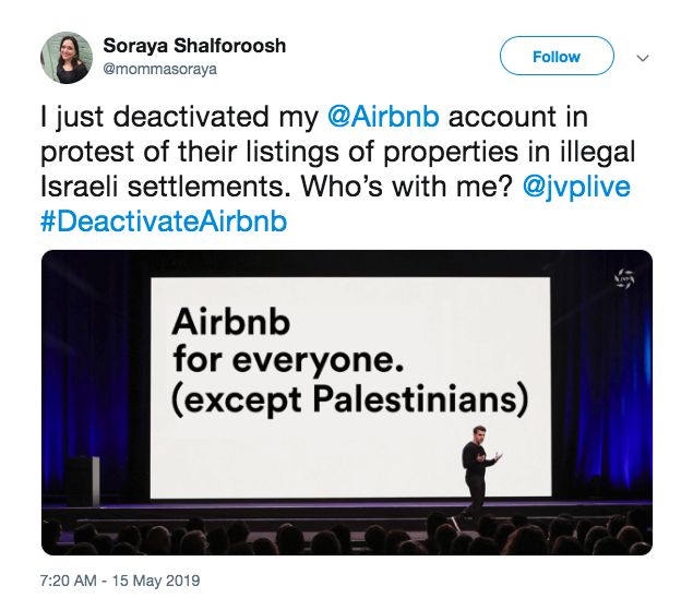 ajplus's tweet image. Palestinians and allies are tweeting #deactivateAirbnb today — on the 71st anniversary of the Nakba.

The campaign urges people to deactivate their Airbnb accounts because it continues to list properties in illegal Israeli settlements in the occupied West Bank.