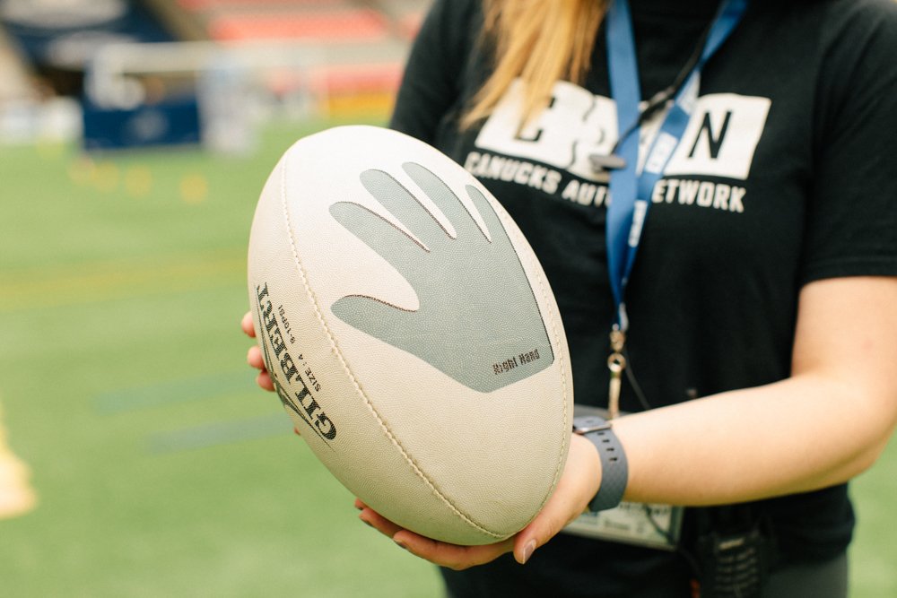 canucksautism's tweet photo. How cool are these visual cues built into @bcrugbyunion's rugby balls? Teaching proper hand placement became much easier at #CANSportsDay with clear visual signals!

@viaSportBC @SportBC https://t.co/a7baEHdbWM