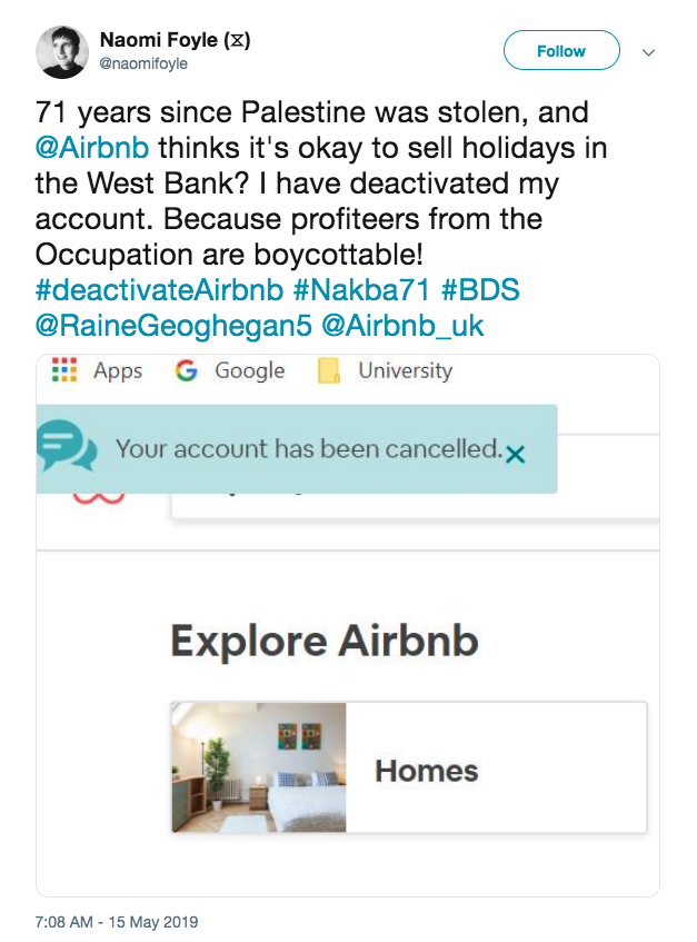 ajplus's tweet image. Palestinians and allies are tweeting #deactivateAirbnb today — on the 71st anniversary of the Nakba.

The campaign urges people to deactivate their Airbnb accounts because it continues to list properties in illegal Israeli settlements in the occupied West Bank.