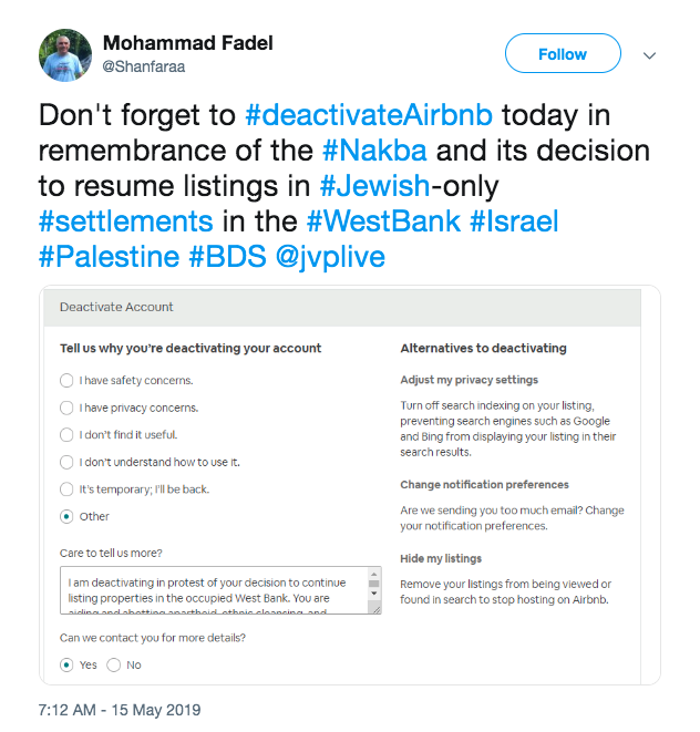 ajplus's tweet image. Palestinians and allies are tweeting #deactivateAirbnb today — on the 71st anniversary of the Nakba.

The campaign urges people to deactivate their Airbnb accounts because it continues to list properties in illegal Israeli settlements in the occupied West Bank.