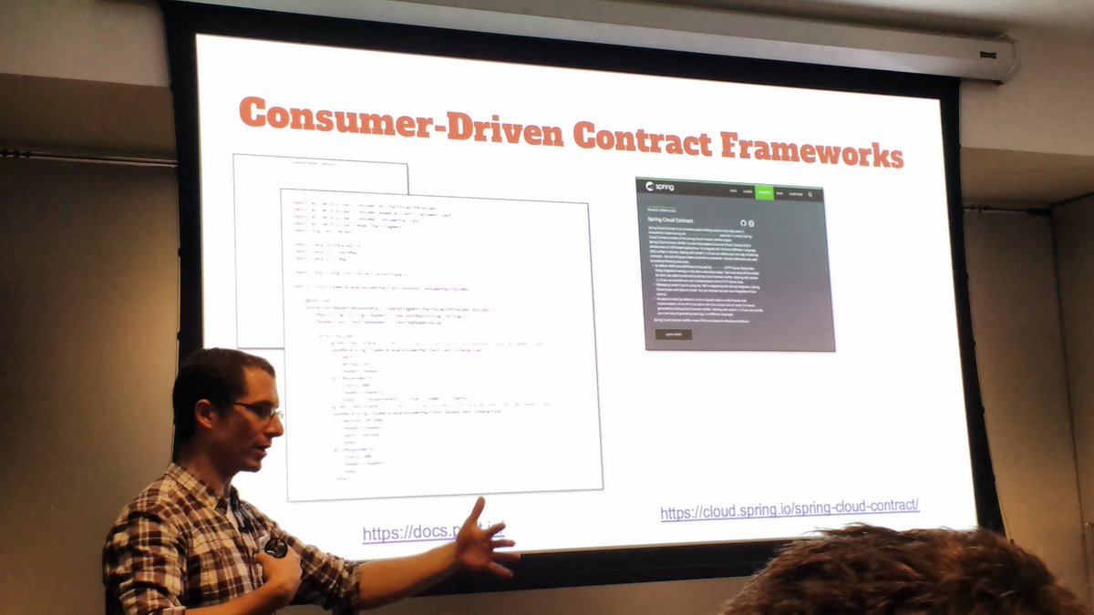 matthewpskelton's tweet photo. "Consumer-driven Contracts help to act as cues for conversations between teams to help discover the right API" - @danielbryantuk #CLL19 #CDC #microservices https://t.co/bEfAHCXN6F