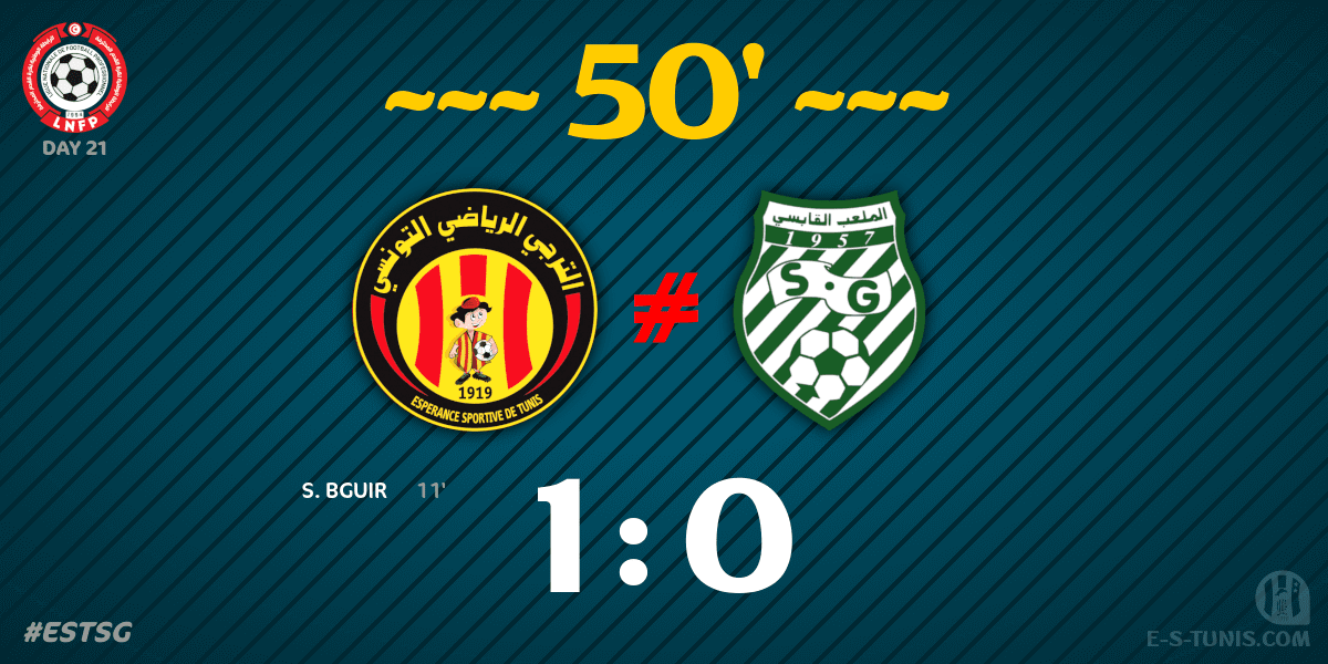 ESTuniscom's tweet photo. ⏱ 50' | #Ligue1Tn🇹🇳 D21 #ESTSG | @ESTuniscom 1⃣-0⃣ @StadeGabesien : Score reminder / تذكير بالنتيجة / Rappel du score https://t.co/xL9eF34Iab