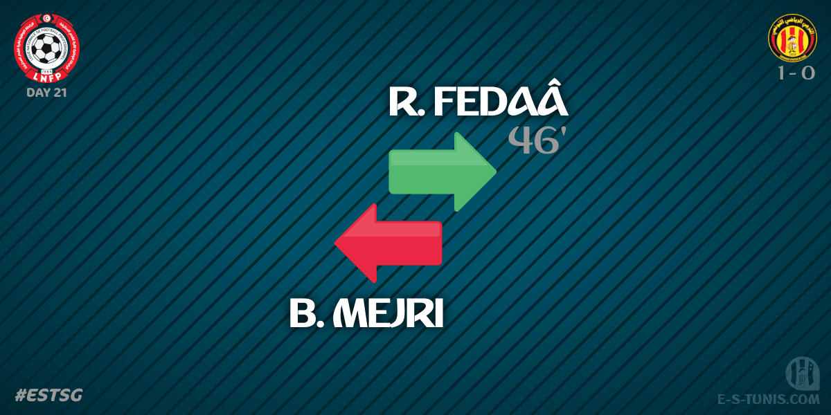 ESTuniscom's tweet photo. ⏱ 46' | #Ligue1Tn🇹🇳 D21 #ESTSG | @ESTuniscom 1⃣-0⃣ @StadeGabesien : 🔁 Substitute : R. Fedaâ IN, B. Mejri OUT (EST) / تغيير / Changement https://t.co/weFJ8wyd1w