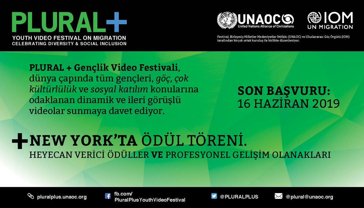 Dünyanın her yerinden gençlerin, göç, çok kültürlülük, sosyal katılım ve yabancı düşmanlığının önlenmesi konularında videolarının yarışacağı @PluralPlusYouthVideoFestival için başvurular başladı. Son başvuru tarihi 16 Haziran! # PLURALplus19 pluralplus.unaoc.org