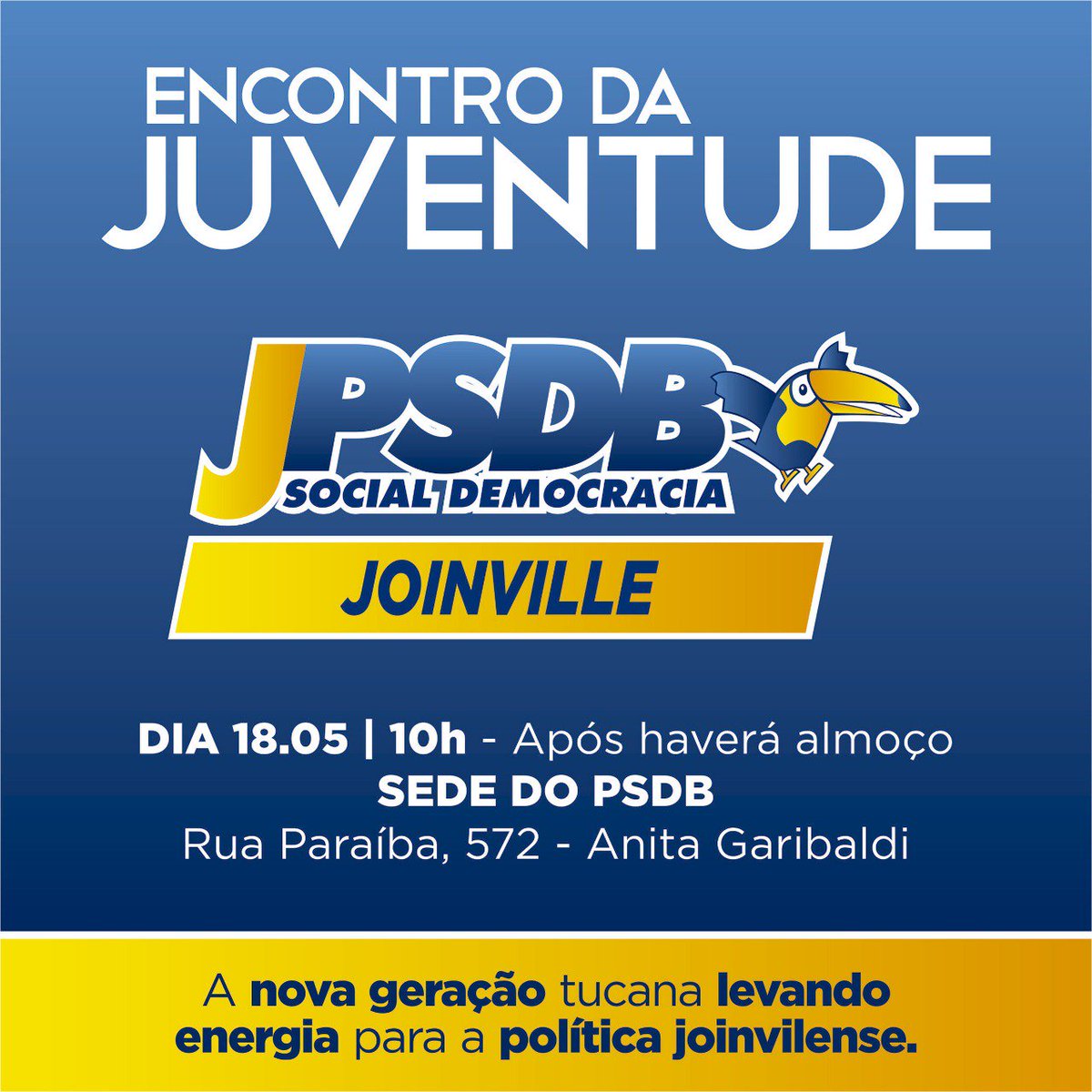 jpsdbjoinville's tweet photo. Você é o nosso convidado para este encontro. #PSDB45 #Juventude #Joinville https://t.co/CHrXj8EGuV