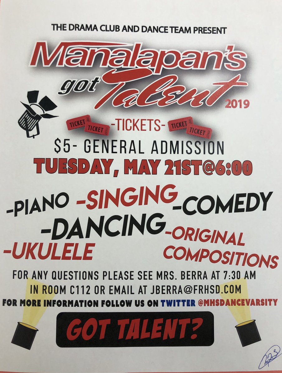 mrsberra's tweet photo. Less than a week until showtime! Come out and support @MHS_Drama_Club and @MHSdancevarsity for their second annual Manalapan’s Got Talent! Tuesday, May 21 at 6:00 in the auditorium @MHSBraves @_bravestribe @FRHSDSup @MsReisWLTeacher @senoritacolonna #TheRegional https://t.co/kUQ0VQpDGr