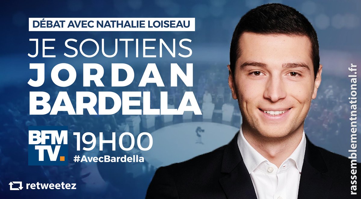 Je soutiens <a href="/J_Bardella/">Jordan Bardella</a> ! Sur BFMTV, à 19h ! #AvecBardella