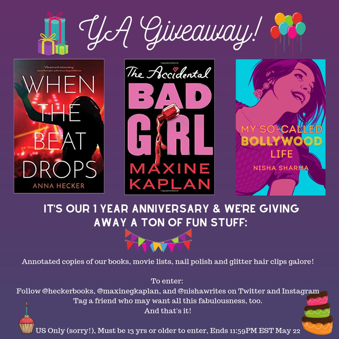 heckerbooks's tweet photo. Giveaway time! I'm teaming up with @Nishawrites and @MaxineGKaplan for a one-year anniversary #YA mega giveaway. Get annotated books, cool swag, and more! Follow us and tag a friend for your chance to win. https://t.co/Fg8VDUO4iP