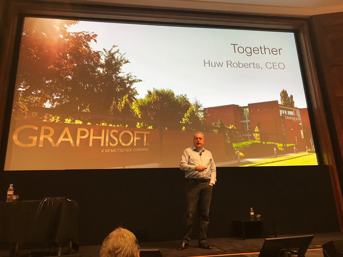 martynday's tweet photo. Huw Roberts the new CEO of Graphisoft, at todays London Launch of ArchiCAD 23 at RIBA HQ. Lots if great structures additions and a lot faster. BIMX Labs eats huge models #bim #archicad #nemetscheck https://t.co/QpyvY3jfiB