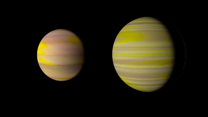 Two yellowish gas giant exoplanets are seen in an artist's illustration.