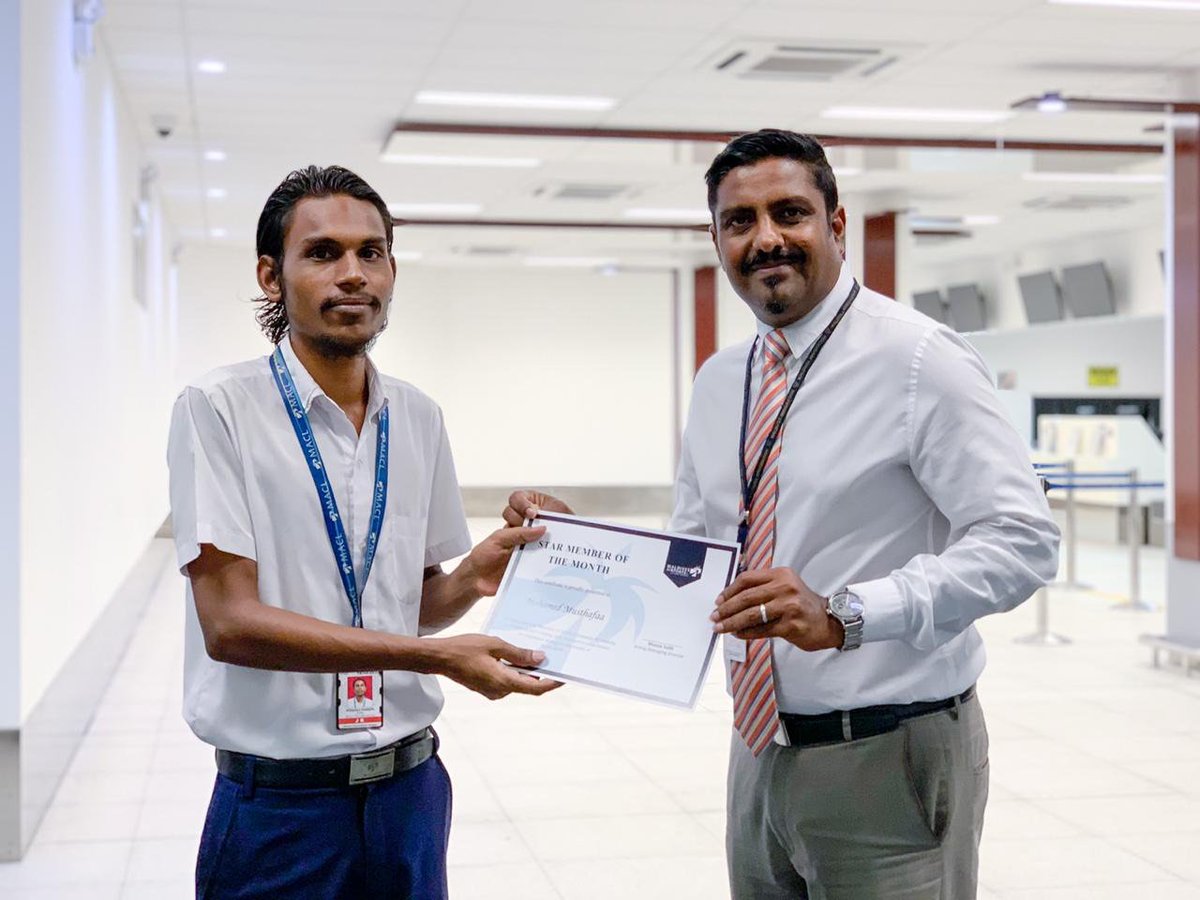 MACLmedia's tweet photo. Smile Campaign Winners of April 2019 @VelanaAirport
Ahmed Amil-MACL Duty Free
Fareela Abdul Gadir-MACL Passenger Services
Mohamed Musthafaa-MACL Terminal Services
Aishath Shamma-MACL Leeli Lounge
Moosa Anwar-Immigration
Fathimath Hooriyya Moosa- Customs 
Ismail Niyaz-AVSEC https://t.co/71zdeqdZCL