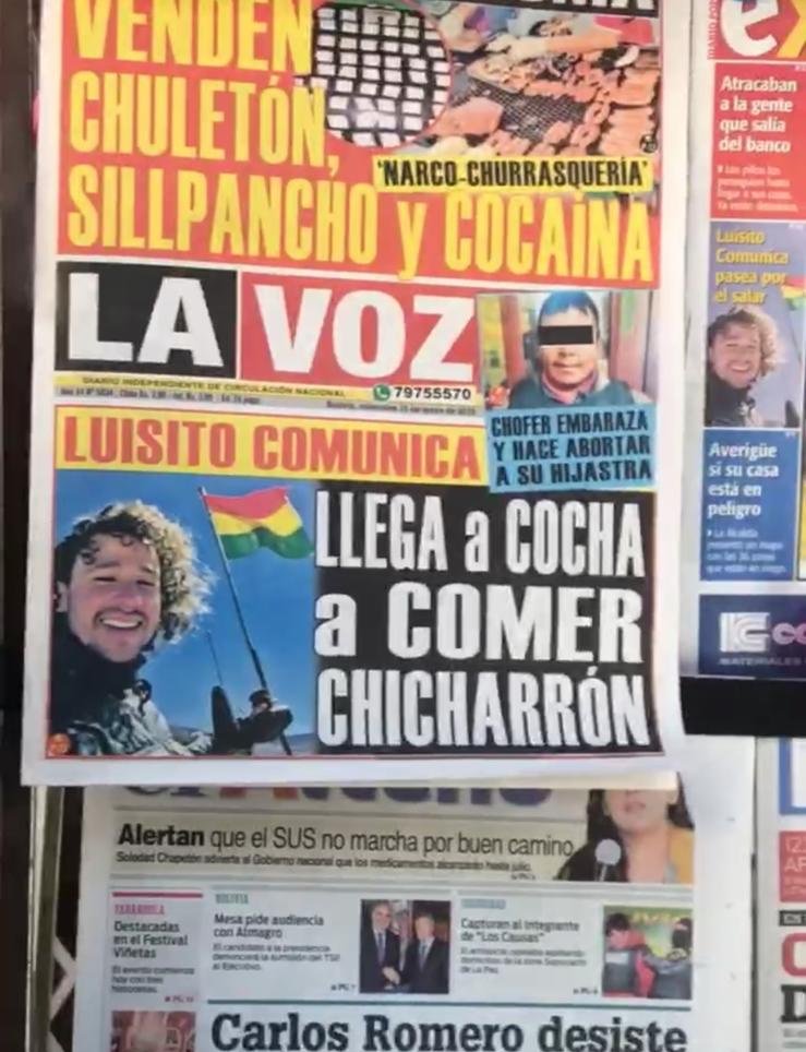 LuisitoComunica's tweet photo. Acabo de pasar por un puesto de periódicos en Bolivia y me vi en primera plana. Jajajajaja ♥️ https://t.co/uDQUAD5nFD