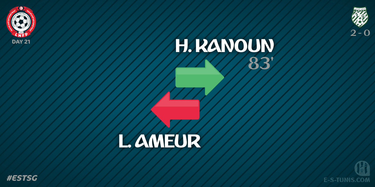 ESTuniscom's tweet photo. ⏱ 83' | #Ligue1Tn🇹🇳 D21 #ESTSG | @ESTuniscom 2⃣-0⃣ @StadeGabesien : 🔁 Substitute : H. Kanoun IN, L. Ameur OUT (SG) / تغيير / Changement https://t.co/WGPTSt03gP