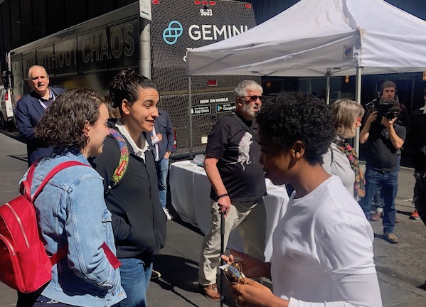 Gemini's tweet photo. Out of ideas for your lunch break? Come grab a cup of @BklynRoasting coffee and meet the @Gemini team on W 53rd and 6th. We’re here till 4pm! Let’s talk #CryptoNotCredit and about the @FlexaHQ SPEDN #payments App: 
https://t.co/hTPGirtwfW https://t.co/rOShtkhqvF