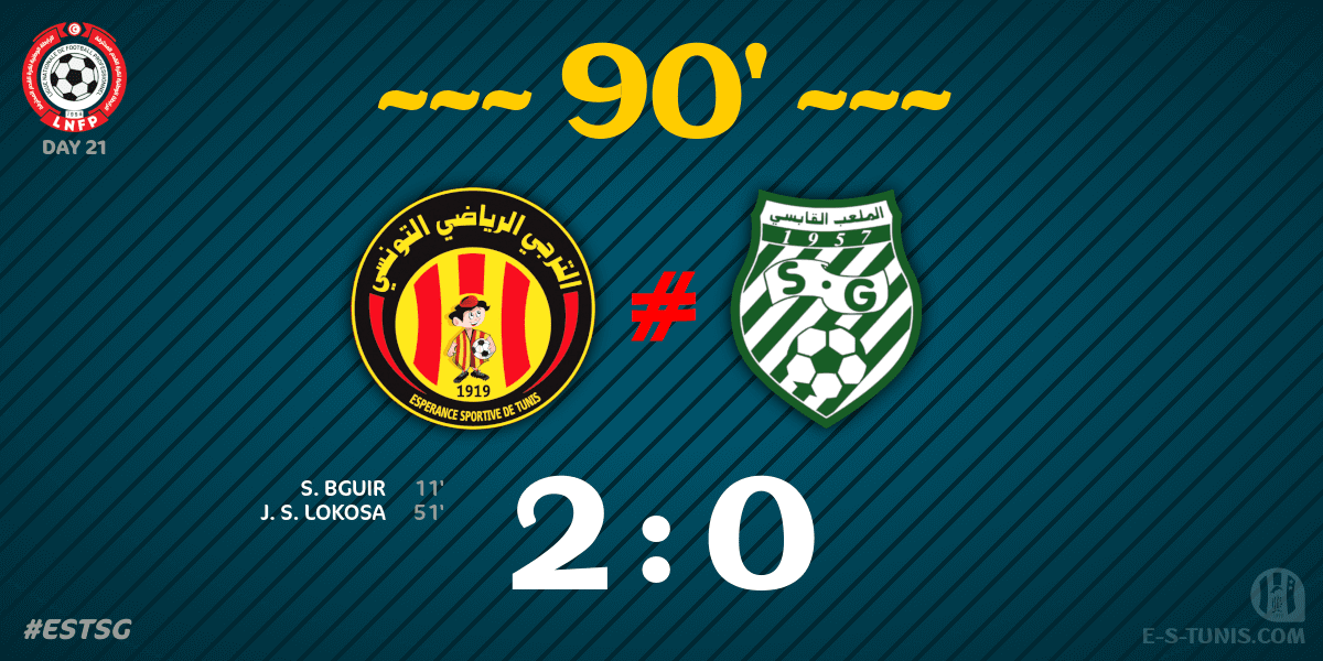 ESTuniscom's tweet photo. ⏱ 90' | #Ligue1Tn🇹🇳 D21 #ESTSG | @ESTuniscom 2⃣-0⃣ @StadeGabesien : Score reminder / تذكير بالنتيجة / Rappel du score https://t.co/zUi9lKjY1G