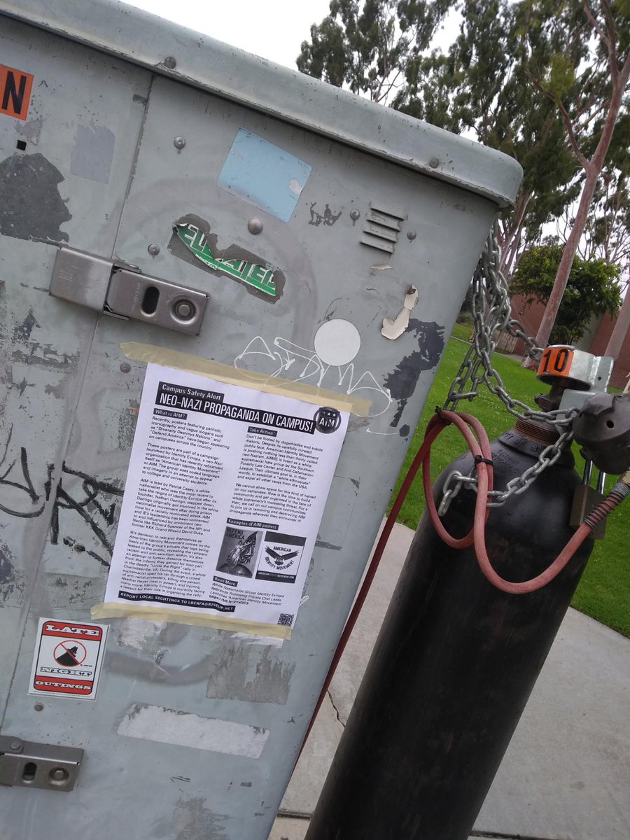 LBCAFA's tweet photo. Antifascist activists have been putting up anti-American Identity Movement flyers all over CSULB campus alerting everyone about their racist propaganda while encouraging anti racist action in response. https://t.co/7kDbISZJHr