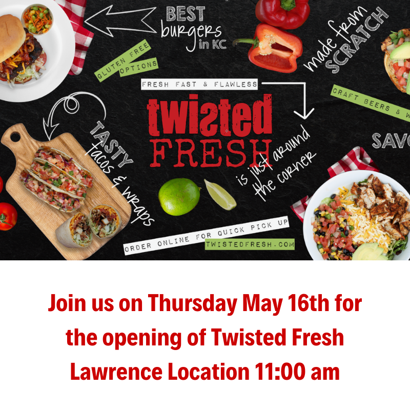 twistedfresh1's tweet photo. Join us for the opening of the Twisted Fresh Lawrence location on May 16th at 11:00 located at 4931 West 6th Street.  #freshfoodoptions #lunch #lawrence #kansas https://t.co/spft380QQw