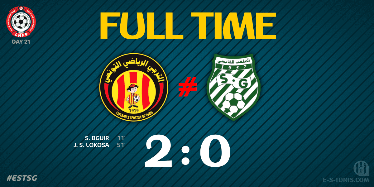 ESTuniscom's tweet photo. ⏱ FT | #Ligue1Tn🇹🇳 D21 #ESTSG | @ESTuniscom 2⃣-0⃣ @StadeGabesien : End of the match / نهاية المباراة / Fin du match https://t.co/rFySEg5sy1