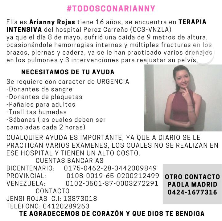 ElNacionalWeb's tweet photo. #ServicioPúblico Arianny Rojas, de 16 años de edad, sufrió una caída de 9 metros de altura el pasado 8 de mayo, ella necesita de su colaboración, número de contacto  04120289263. Gracias https://t.co/eypMg5vBcC