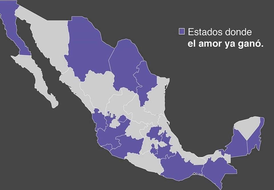 Con la votación de matrimonio igualitario ayer en #Hidalgo, así se ve el mapa de los estados donde las parejas del mismo sexo pueden casarse sin necesidad de amparo. Dicen que esta semana #SanLuisPotosi nos puede dar la sorpresa 👬 👭 #LoveIsLove