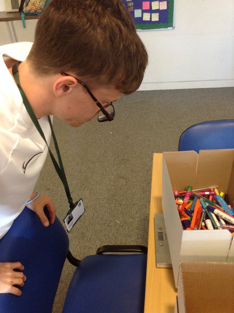 Portland_F_S's tweet photo. It's #NationalNumeracyDay! 
James is weighing the amount of writing instruments his group have collected this half term for their @TerraCycleUK recycling project. #FunctionalSkills https://t.co/KMGZgKLRrN