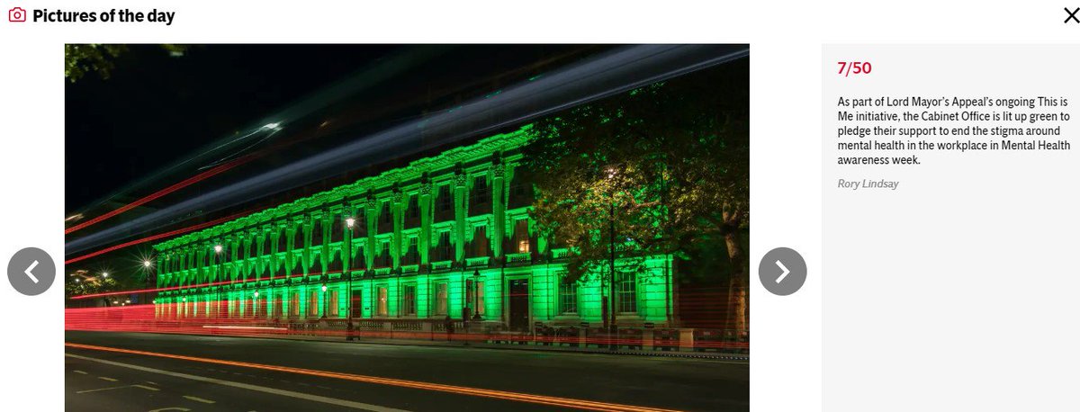 LMAppeal's tweet photo. Delighted to feature in today's @EveningStandard 50 best pictures of the day! Showcasing @cabinetofficeuk lit up green in support of the Green Ribbon Campaign this #MentalHealthAwarenessWeek! It's so important to get as visible as possible - what a photo! https://t.co/6e08drW4Tb