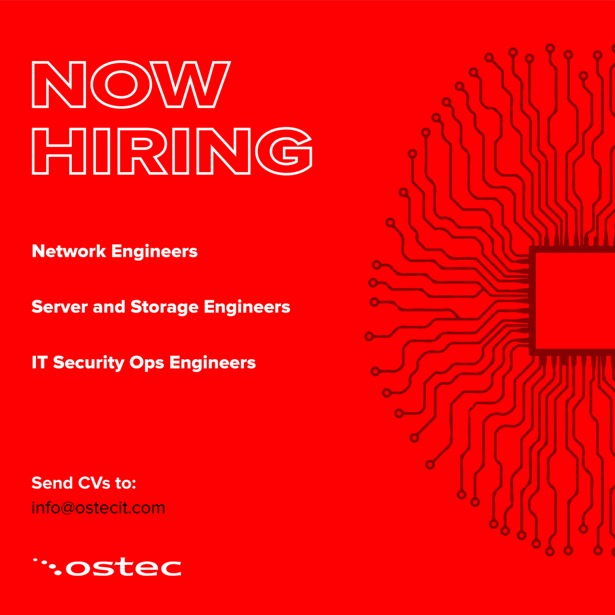 ostecIt's tweet photo. Interested in working with the Ostec IT team? We are looking to fill the following vacancies:

- Network Engineers
- Server &amp; Storage Engineers and
- IT Security Ops Engineers 

Please send all applications to info@ostecit.com https://t.co/cGNUJKI2ql