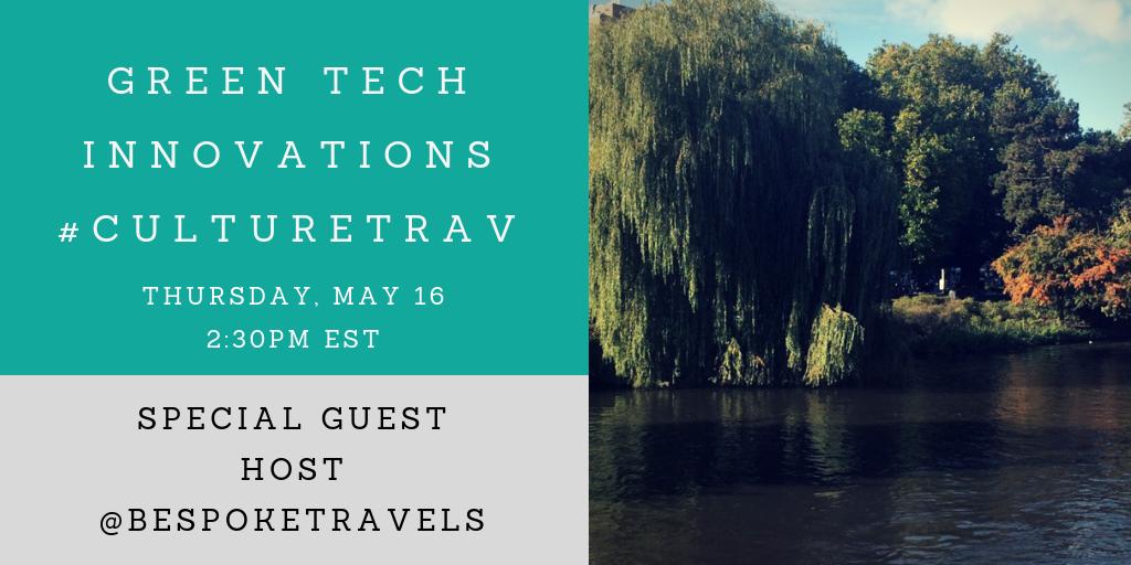Tomorrow on #CultureTrav, we're excited to welcome special guest host, @BespokeTravels joining us to talk about Green Tech Innovations! Hope you'll join us on Thursday May 16 with @travelcricket8 2:30 PM Eastern #CultureTrav