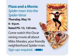 carlsbadlibrary's tweet photo. Calling all @carlsbadlibrary teens: Looking for something to do this week? Come to Dove Library at 6 p.m. on Thursday, May 16, eat pizza and watch the Oscar-winning film, "Spider-Man: Into the Spiderverse." See you there! #carlsbadteens #things2doincbad #films #spiderman #movies https://t.co/m55fK2WEA2