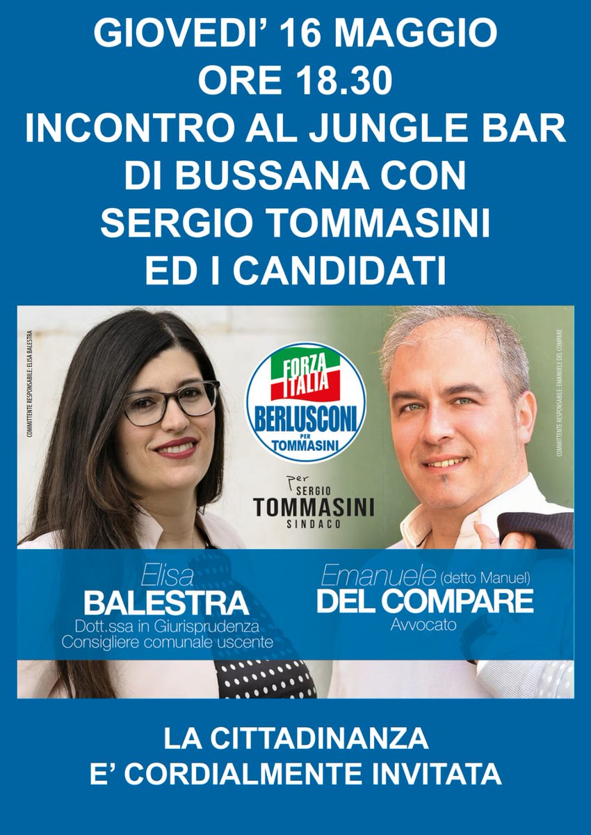 FISRemo's tweet photo. #Sanremo #Elezioni #Amministrative2019 domani sera ore 18.30 appuntamento a #Bussana con #SergioTommasini e il nostro segretario Emanuele del Compare e la consigliera uscente Elisa Balsestra candidati nella lista di #ForzaItalia https://t.co/FzgQMjQgfd