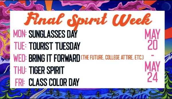 Final Spirit Week! May 20-24
<a href="/sjhs_tigers/">SJHS Tiger Athletics</a>  <a href="/SanJacintoHS/">San Jacinto High</a>  <a href="/SJac_Counselors/">San Jac Counselors</a>  <a href="/LinkCrewSjhs/">Link Crew SJHS</a>  <a href="/SJHSFineArts/">SJHS FINE ARTS</a>