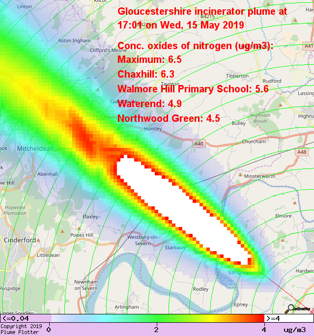 plumeplotter's tweet photo. Latest Gloucestershire incinerator plume plot, 17:01 15/05/19 #Chaxhill #Waterend #NorthwoodGreen https://t.co/6Vrw8OIv6t https://t.co/LC7r3W2KJH