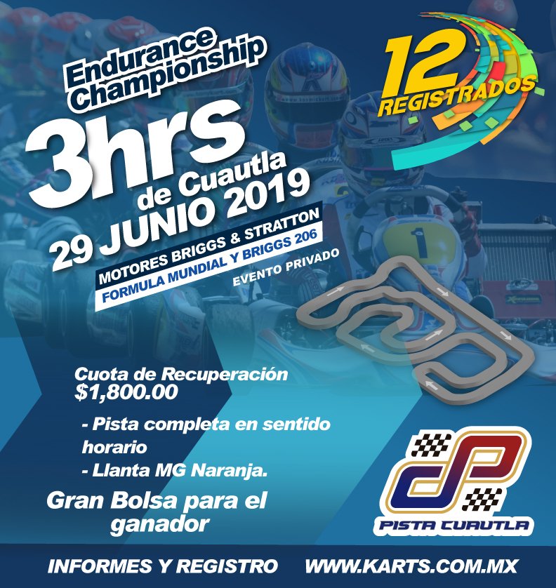 KartCClub's tweet photo. 🤩 A sólo 5 días de abrir el registro ya son 12 los karts registrados para las 3hrs. de Cuautla. ¿Qué esperas para apartar tu número?

¡Entra a https://t.co/KhMwpmP2Jr e inscríbete ya!. @PistaCuautla @glezless 

#PistaCuautla #3HrsCuautla #FórmulaMundial #Briggs206 #KartingMéxico https://t.co/ldNGsxHBxf
